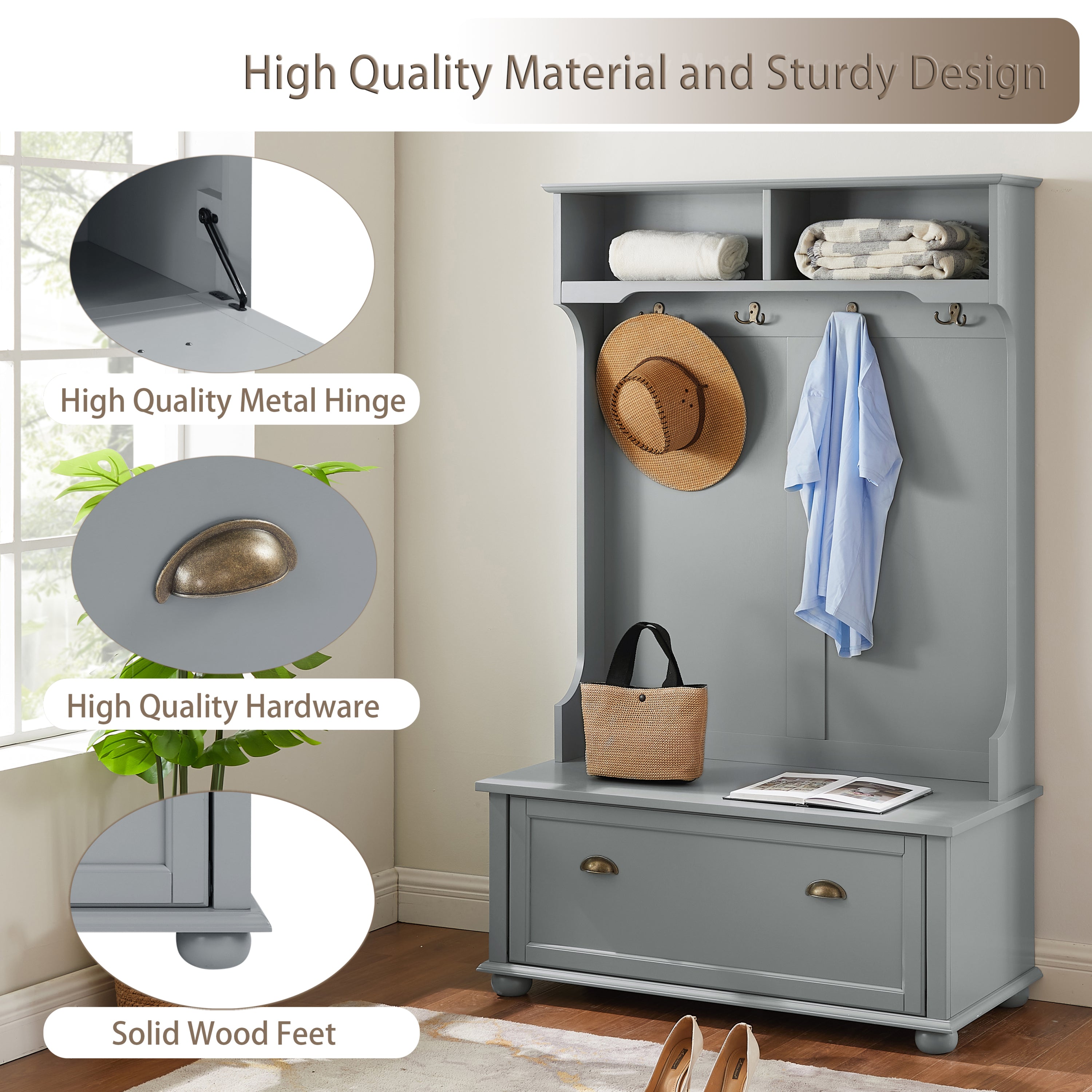 Modern Classic Hall Tree with Shoe Rack Bench and Coat Hooks for Hanging Storage, Entryway Bench with Open Shelves and Shoe Cabinets 40.16'W*18.58'D*64.17'H GRAY - Grand Goldman Shop