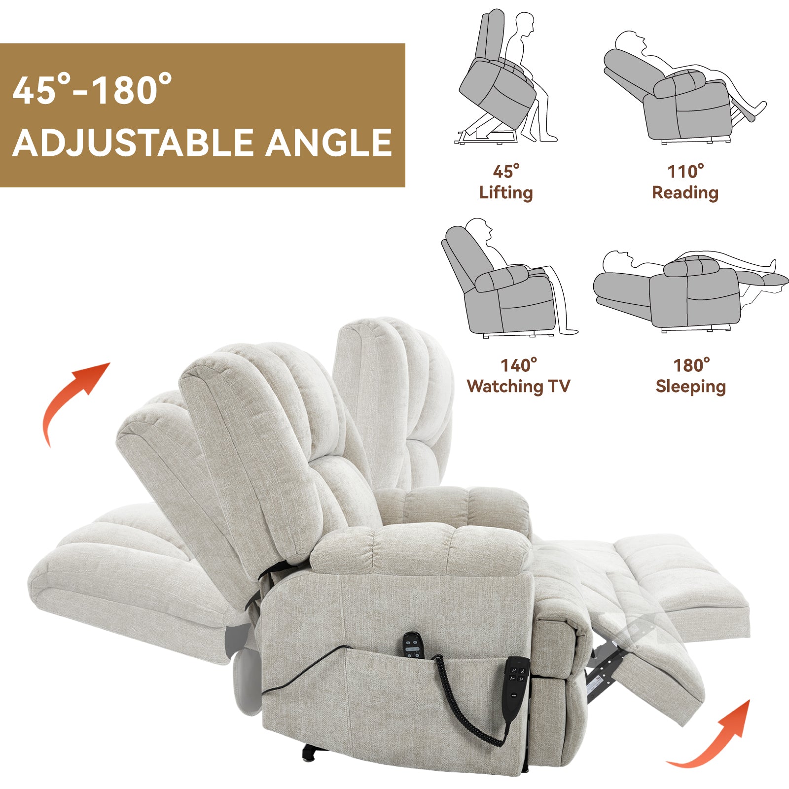Dual Motor Heat Massage Infinite Position Up to 350 LBS Electric Power Lift Recliners with Power-Remote, Medium-firm and Heavy Duty, Beige - Grand Goldman Shop