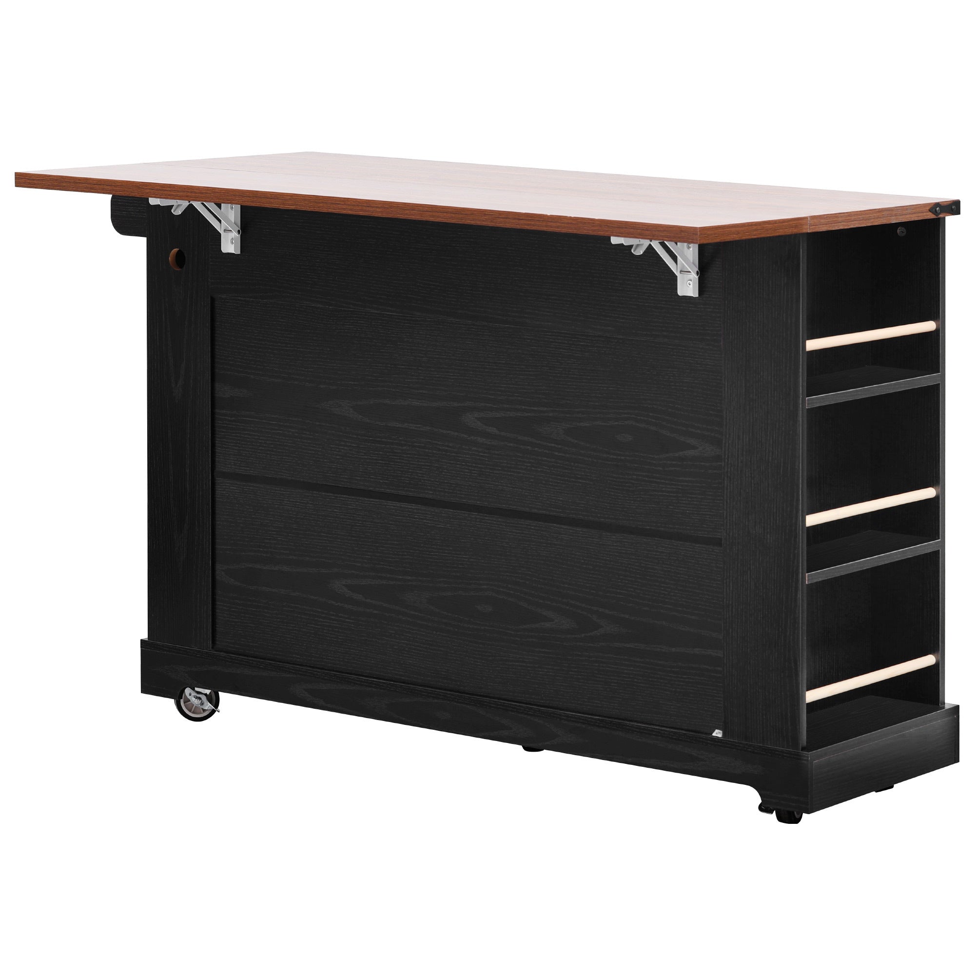 K&K 53'' Farmhouse Kitchen Island with Two Tempered Glass Cabinet Doors, Power Outlet, Rolling Kitchen Cart on Wheels with Drop Leaf, 5 Open Side Racks, 3 Drawers, for Kitchen, Dining Room, Black - Grand Goldman Shop