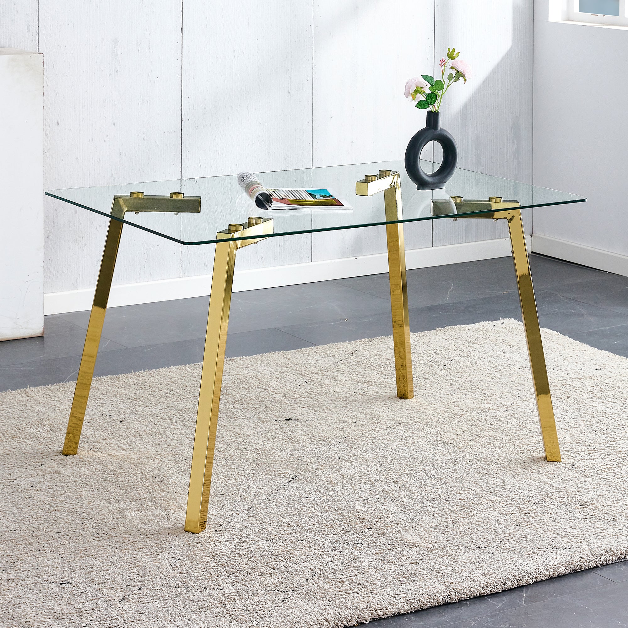 Modern minimalist style rectangular glass dining table with tempered glass tabletop and golden metal legs, suitable for kitchen, dining room, and living room, 51 ' * 31.5 ' * 29.5 '   1123 - Grand Goldman Shop