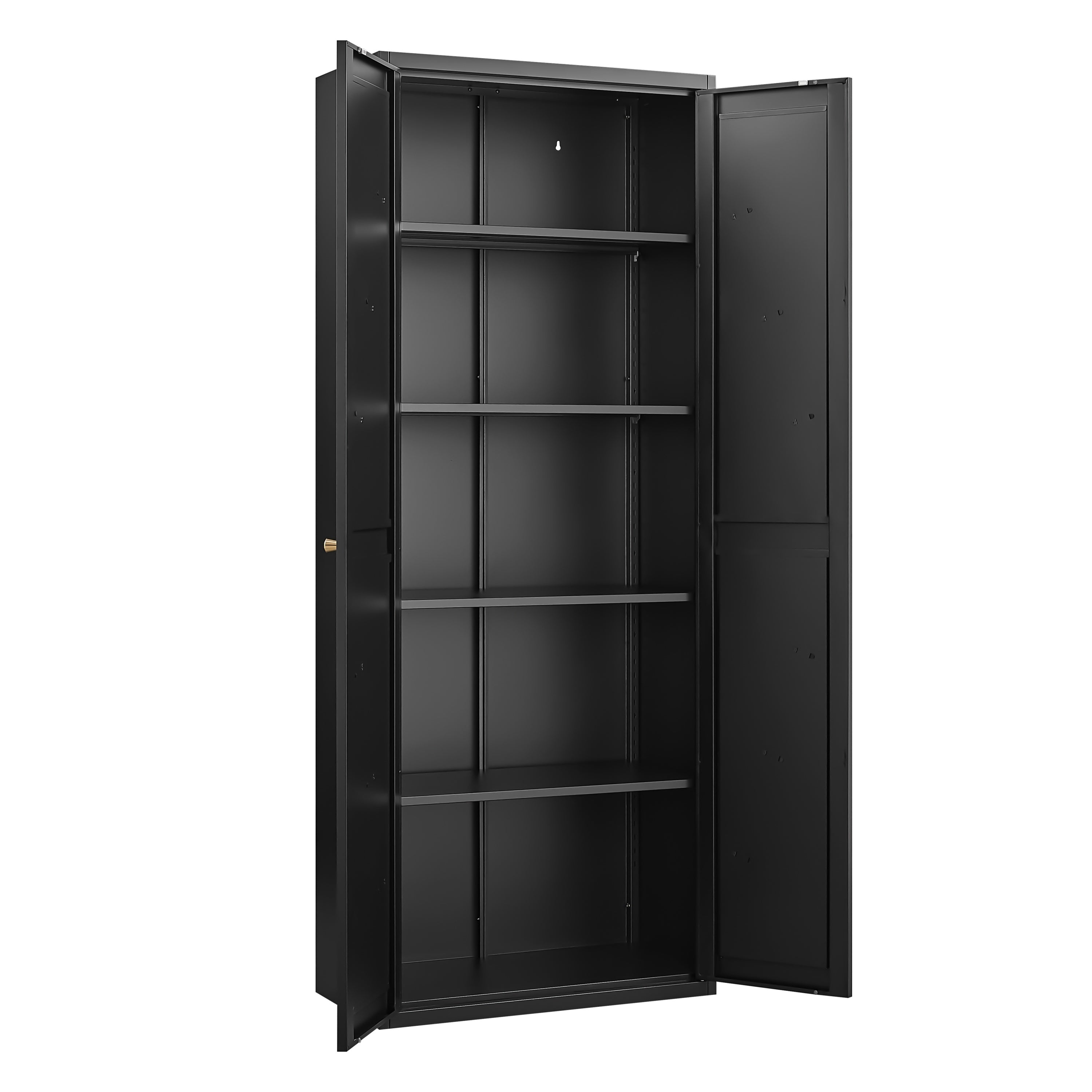 Black Metal Kitchen Pantry Cabinet with Adjustable Shelves and Gold Handles, Tall Steel Storage Locker for Kitchen, Living Ro