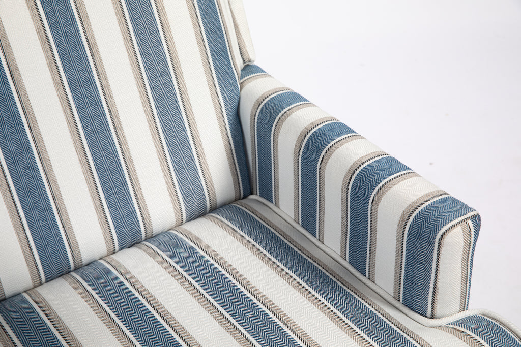 Upholstered Accent Chair, Vintage Armchair with Blue and White Striped Linen Fabric and Nailhead Trim for Living Room - Grand Goldman Shop