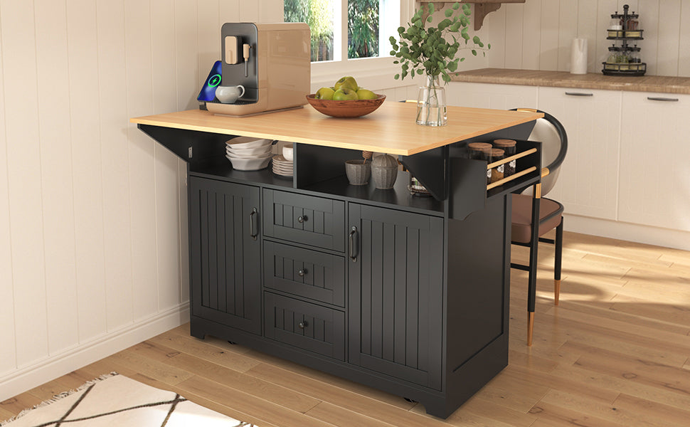 K&K 55.7'' Large Kitchen Island with 2 Drop Leaf,, Rolling Kitchen Cart on 5 Wheels with Power Outlet, Folding Storage Dining Table with Spice & Towel Rack , 3 Drawers, for Kitchen, Dining Room,Black - Grand Goldman Shop