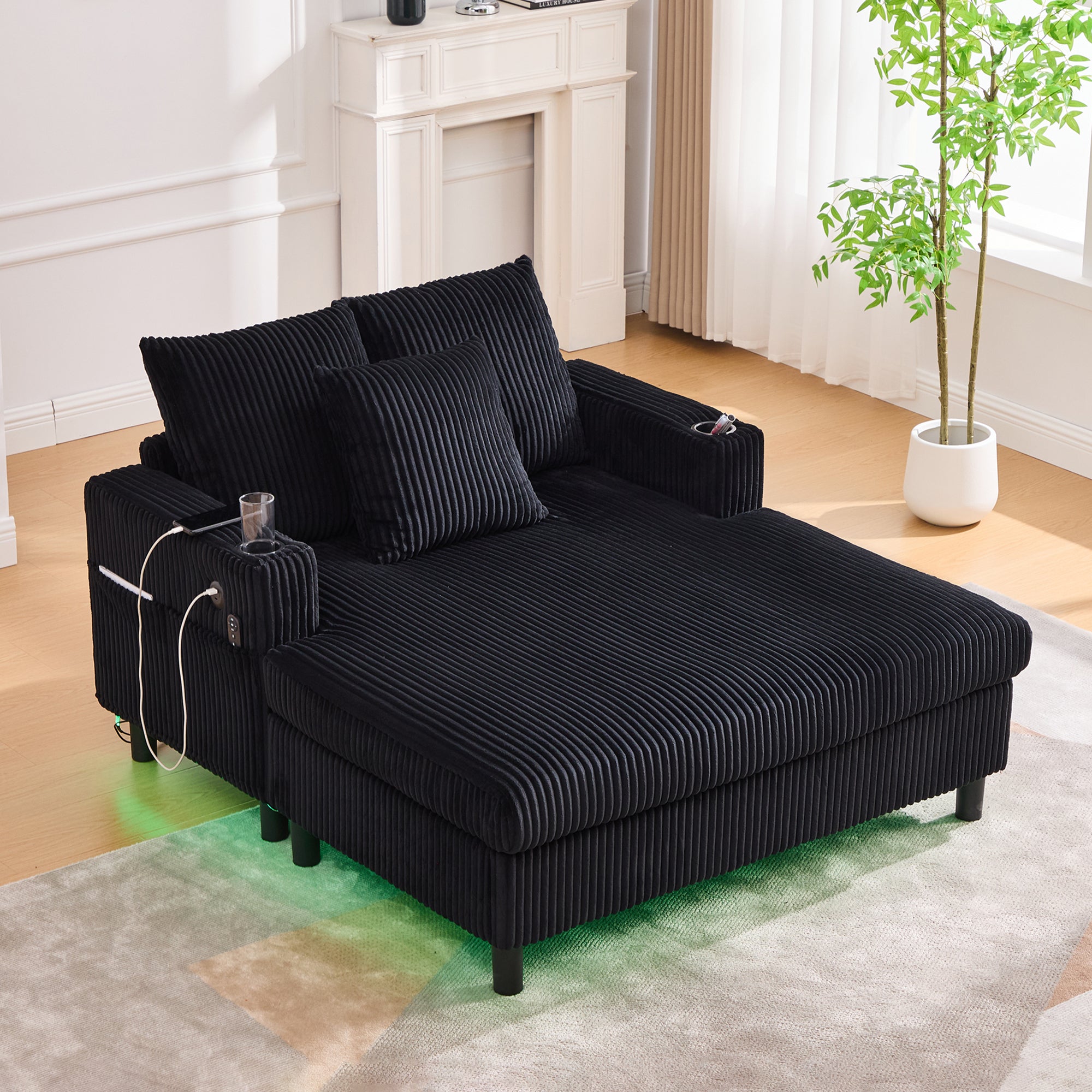 UNITED WE WIN Modern Corduroy Oversized Recliner Sofa with Deep Seat, 3 Pillows, USB Charging, RGB LED Light Strip, Cup Holder, Side Pocket - Suitable for Living Room and Bedroom - Grand Goldman Shop