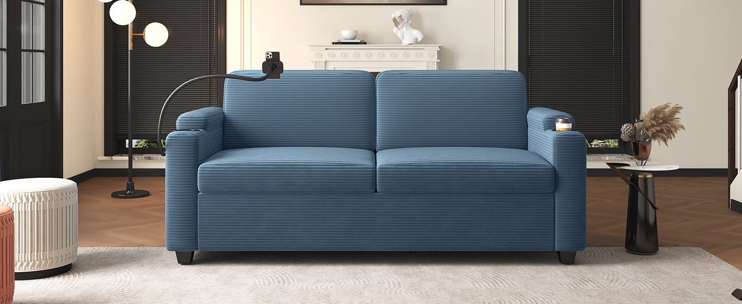 Navy Blue Corduroy Sleeper Sofa Loveseat with Full Size Mattress, USB Ports, Cup Holders, Side Pockets and Phone Holder - Grand Goldman Shop