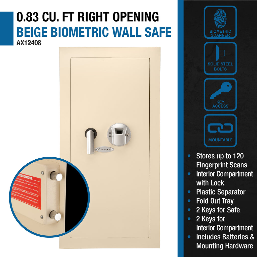 Biometric Wall Safe with 120-Fingerprint Module, Beige Steel, 0.82 Cubic Ft | Premium Home Decor - Grand Goldman