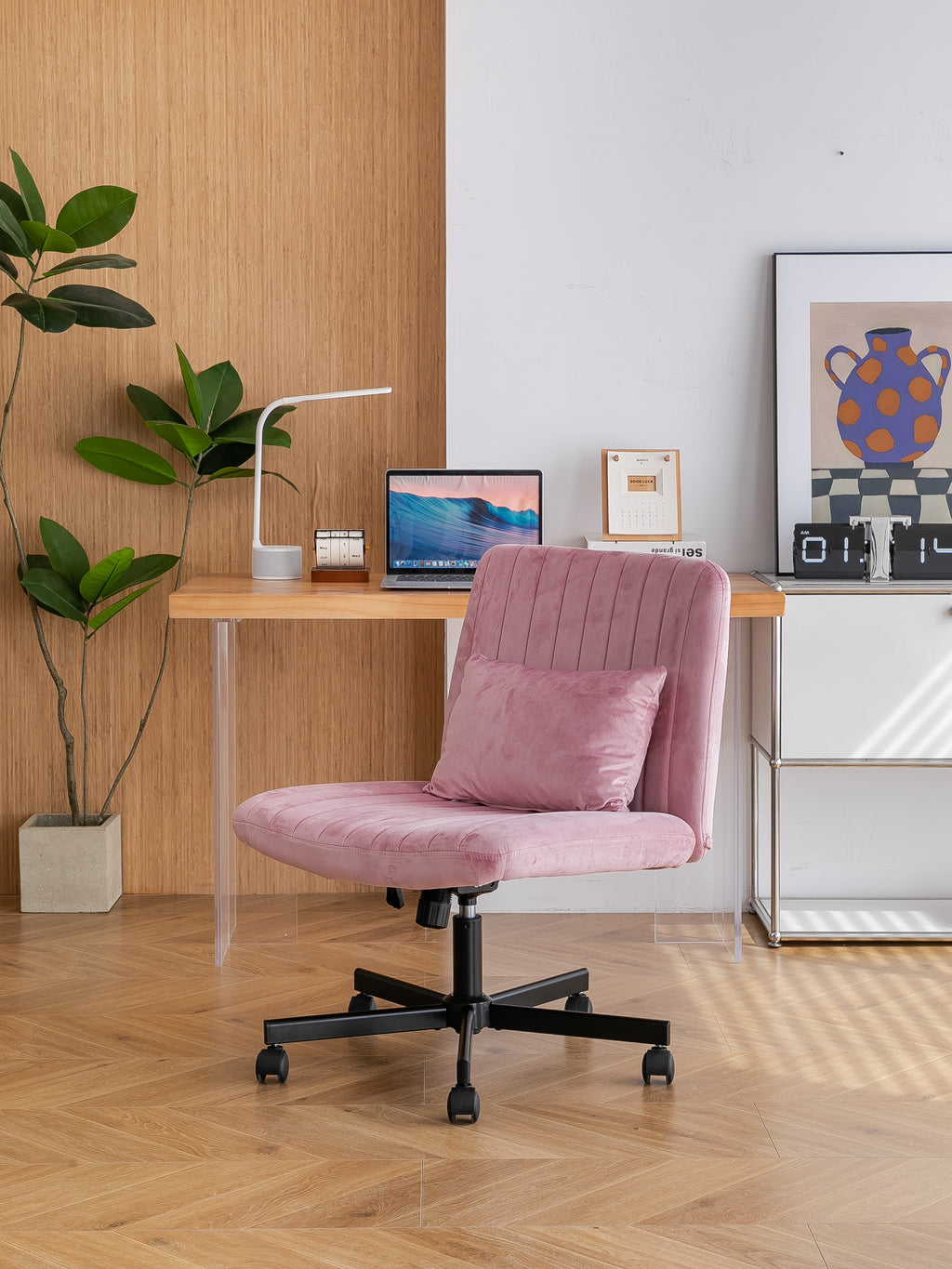 Light Pink Velvet Criss Cross Armless Office Chair with Wheels - Comfortable & Stylish for Home Office, Meditation, and Makeu