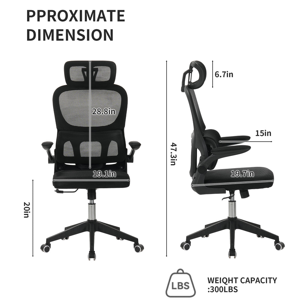 High Back Ergonomic Office Chair with Mesh Fabric, Black, Big and Tall Design for Home Office, Task Chair with Tilt Function,