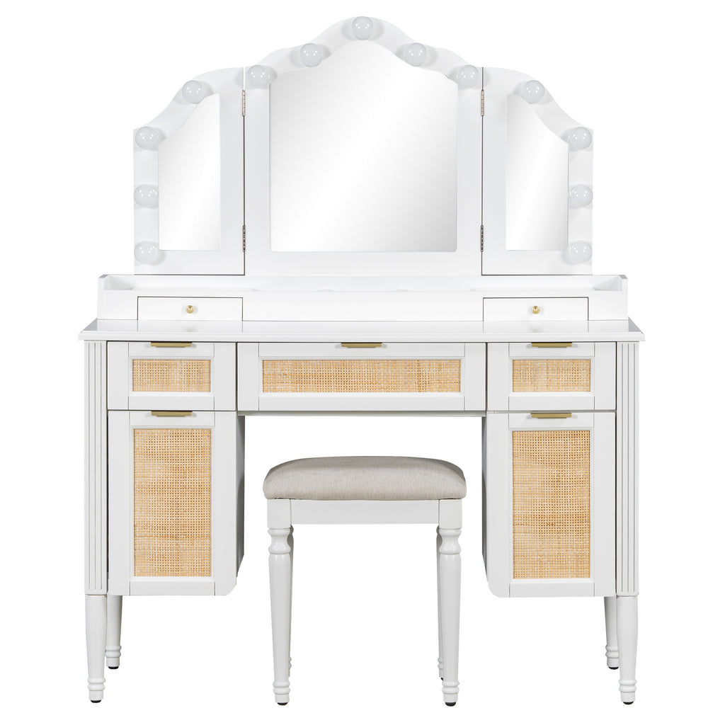 44.37 ' Makeup Vanity Desk with 13 Hollywood Bulbs and 3 Lighting Modes, Dressing Table with Tri-Fold Mirror   Large Vanity Table with 5 Drawers and Shelves and  Charging Station for Bedroom, White - Grand Goldman Shop