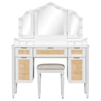44.37 ' Makeup Vanity Desk with 13 Hollywood Bulbs and 3 Lighting Modes, Dressing Table with Tri-Fold Mirror   Large Vanity Table with 5 Drawers and Shelves and  Charging Station for Bedroom, White - Grand Goldman Shop