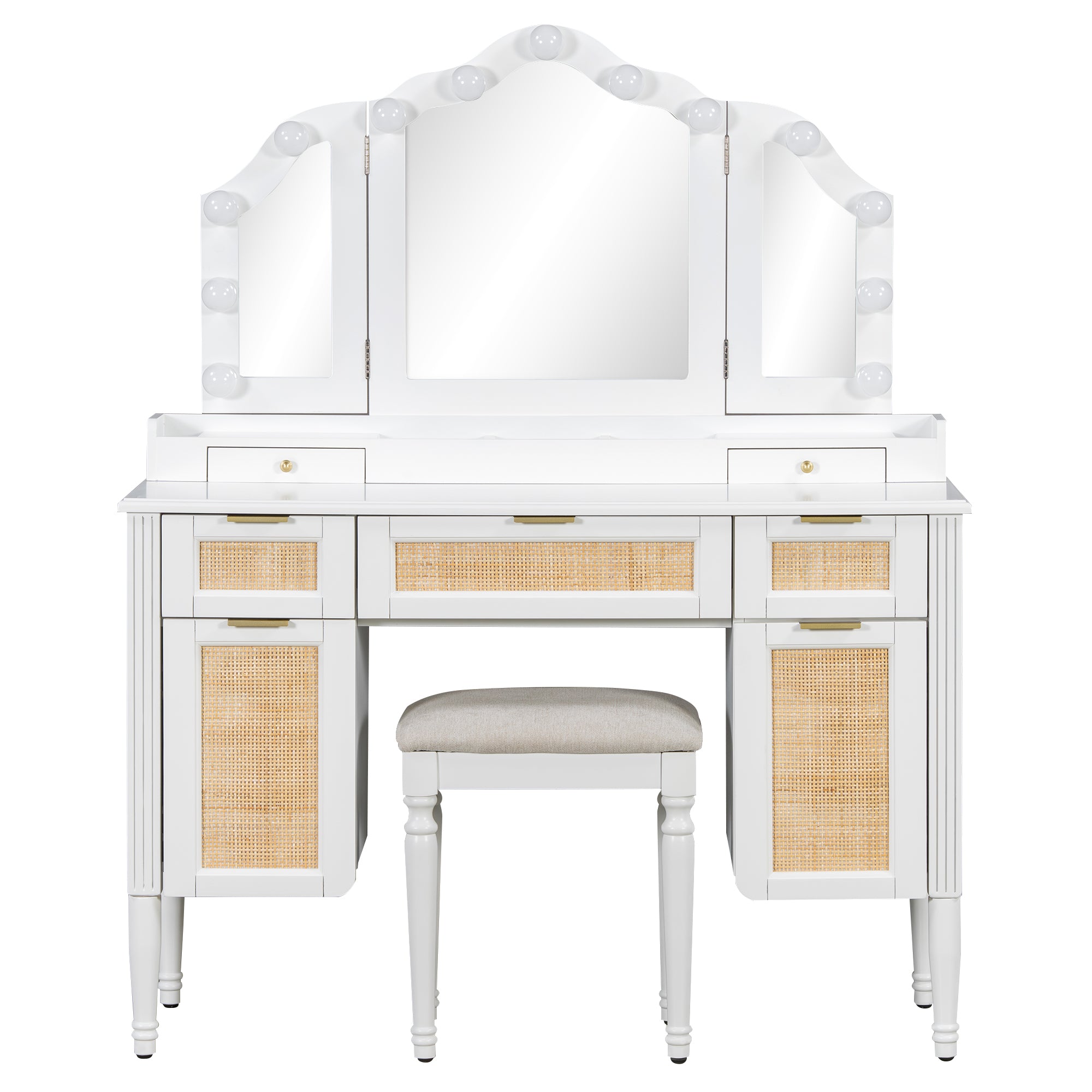 44.37 ' Makeup Vanity Desk with 13 Hollywood Bulbs and 3 Lighting Modes, Dressing Table with Tri-Fold Mirror   Large Vanity Table with 5 Drawers and Shelves and  Charging Station for Bedroom, White - Grand Goldman Shop