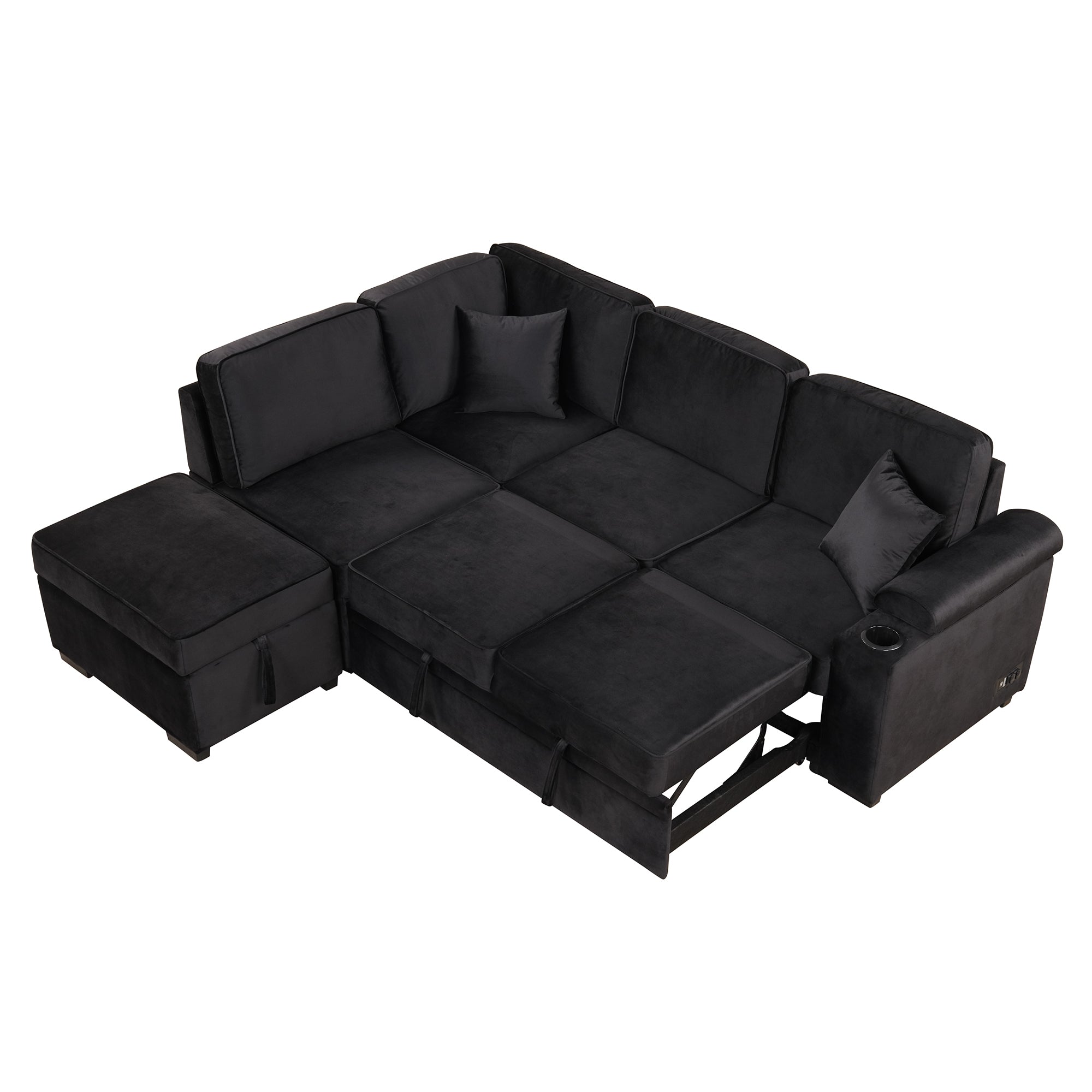 Modern Velvet Sleeper Sofa Bed with Storage Ottoman, Black, 84.75' L Shape - Grand Goldman Shop