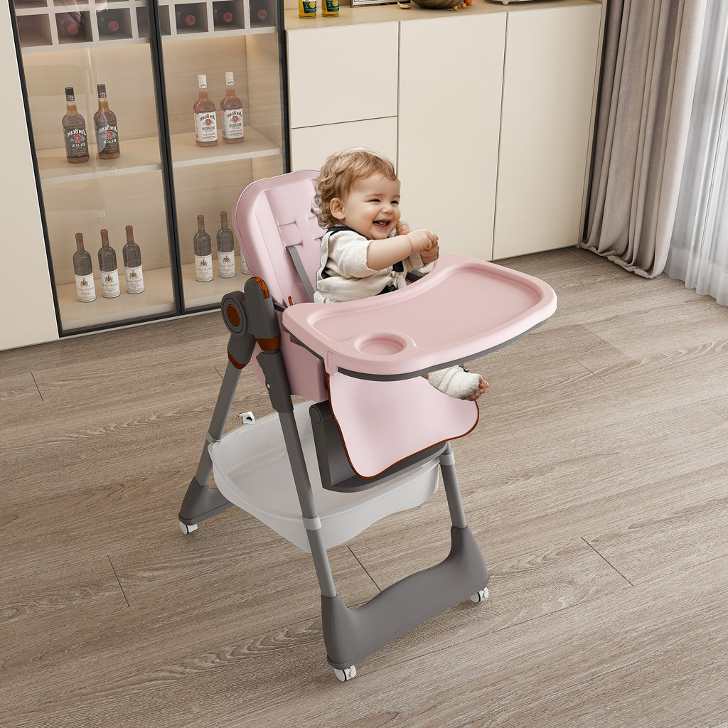 Adjustable Baby High Chair 0-6 Years – Portable Infant Feeding Seat with Safety Belt, Silent Lockable Wheels, Pink - Grand Goldman Shop