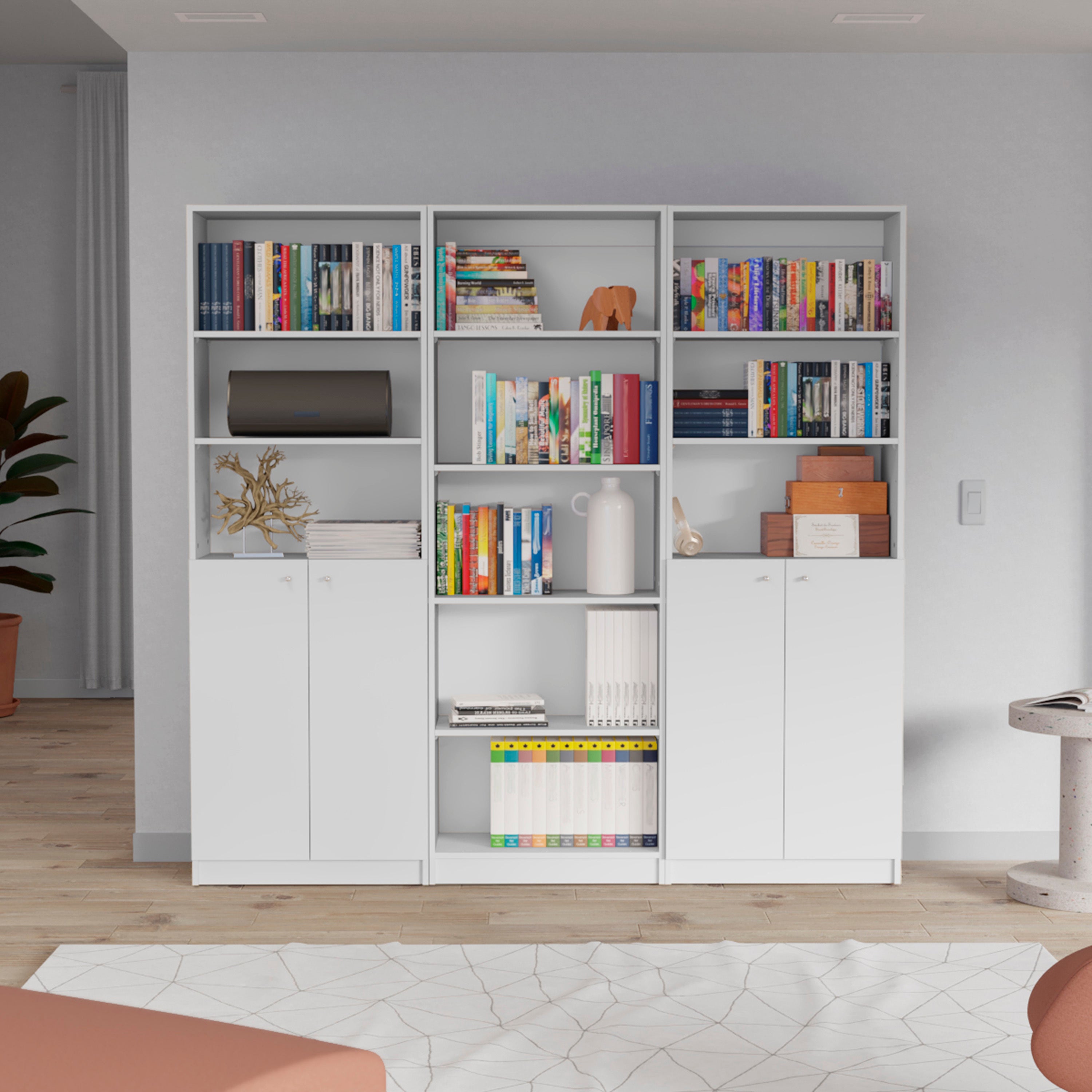 Arbor 3 Piece Home Bookcase set, 74' Wide with 11 Shelves and Two Double-Door Cabinet ,  Living Room Set  White - Grand Goldm
