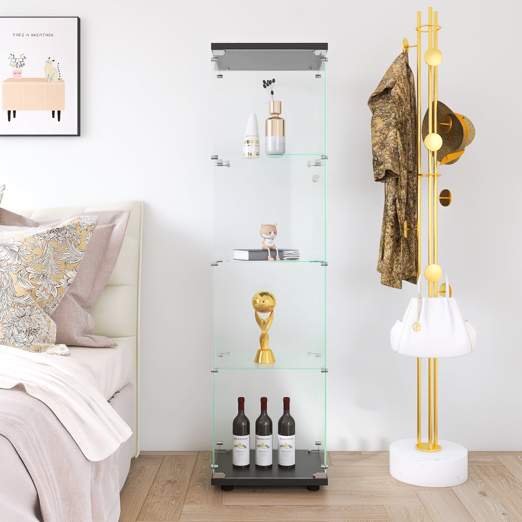 Glass Display Cabinet 4 Shelves with Door, Floor Standing Curio Bookshelf for Living Room Bedroom Office, 64.7'*16.7'*14.3', 