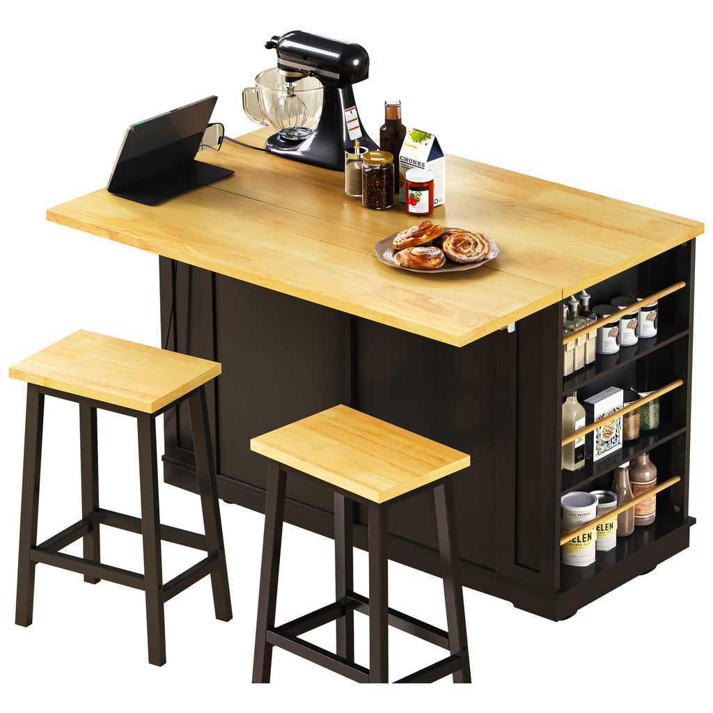 48 inch Kitchen Island with Drop Leaf,Power Outlet,Internal Storage Rack,Rolling Kitchen Storage Cart on 5 Wheels with 5 Open Side Racks,for Kitchen,Black (Old SKU N707P257057B)(Not Include Stools) - Grand Goldman Shop