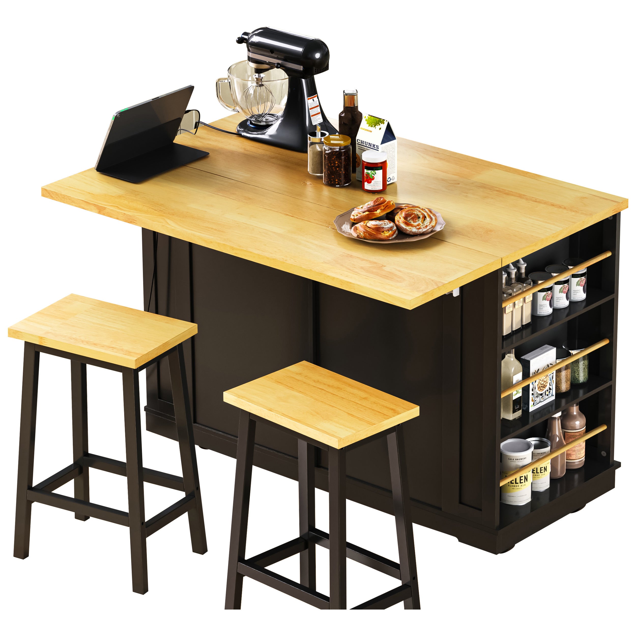 48 inch Kitchen Island with Drop Leaf,Power Outlet,Internal Storage Rack,Rolling Kitchen Storage Cart on 5 Wheels with 5 Open Side Racks,for Kitchen,Black (Old SKU N707P257057B)(Not Include Stools) - Grand Goldman Shop