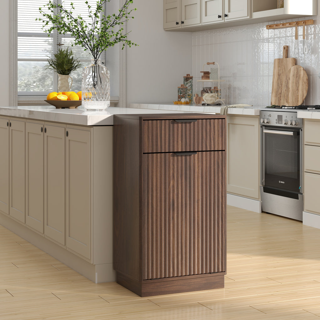 Woodgrain Tilt-Out Trash Can Cabinet with Wave-Textured Drawer & Pull-Out Bin in Walnut Finish - Grand Goldman Shop
