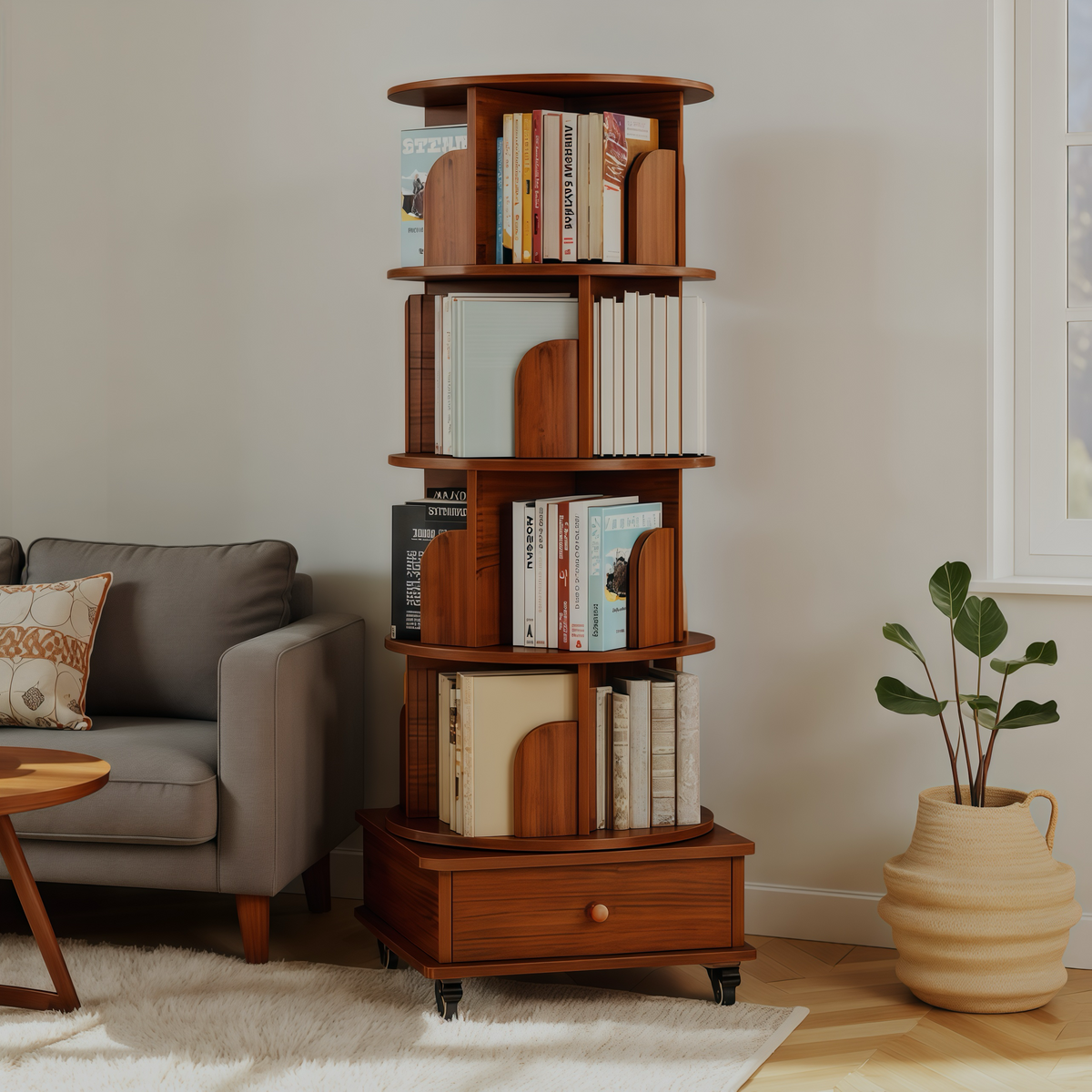Rotating Bookshelf with Drawer, 360 Display 5 Tier Corner Bookshelf for Small Space, Floor Standing Bookcase Storage Rack, Wood Narrow Organizer for Bedroom, Living Room (WALNUT) - Grand Goldman Shop