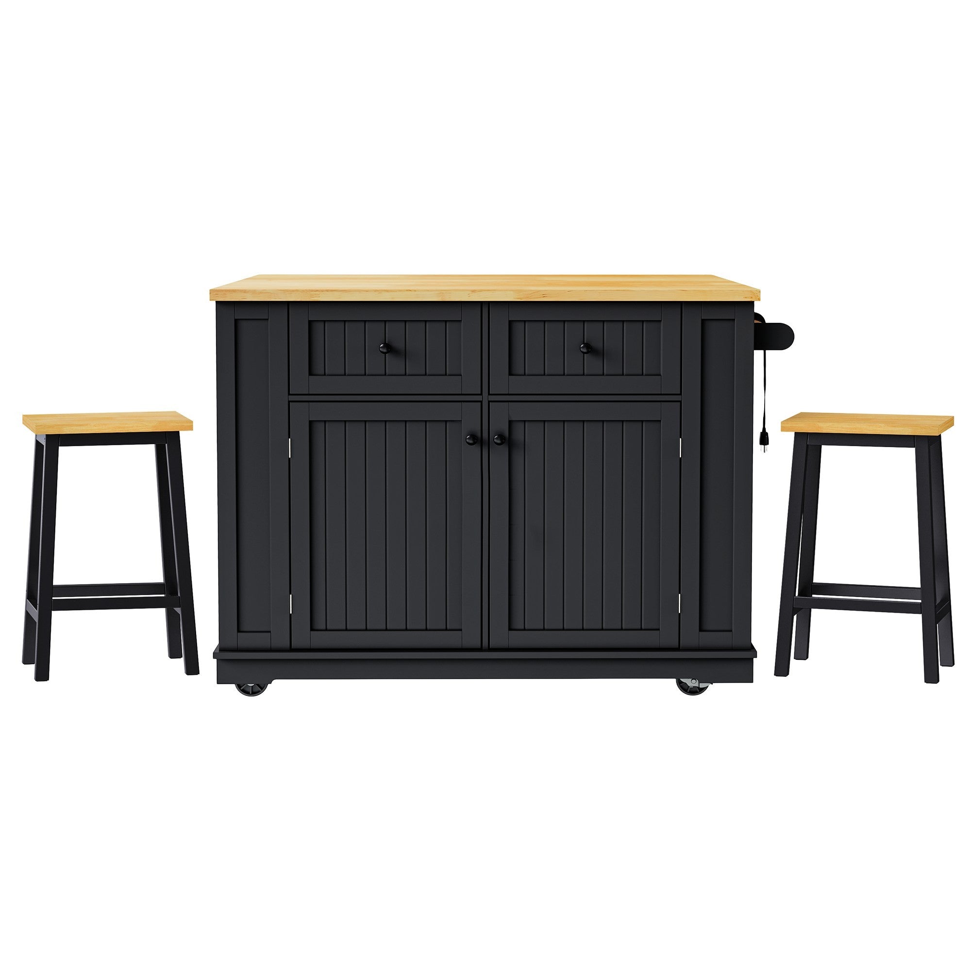 48 inch Kitchen Island with Drop Leaf,Power Outlet,Internal Storage Rack,Rolling Kitchen Storage Cart on 5 Wheels with 5 Open Side Racks,for Kitchen,Black (Old SKU N707P257057B)(Not Include Stools) - Grand Goldman Shop
