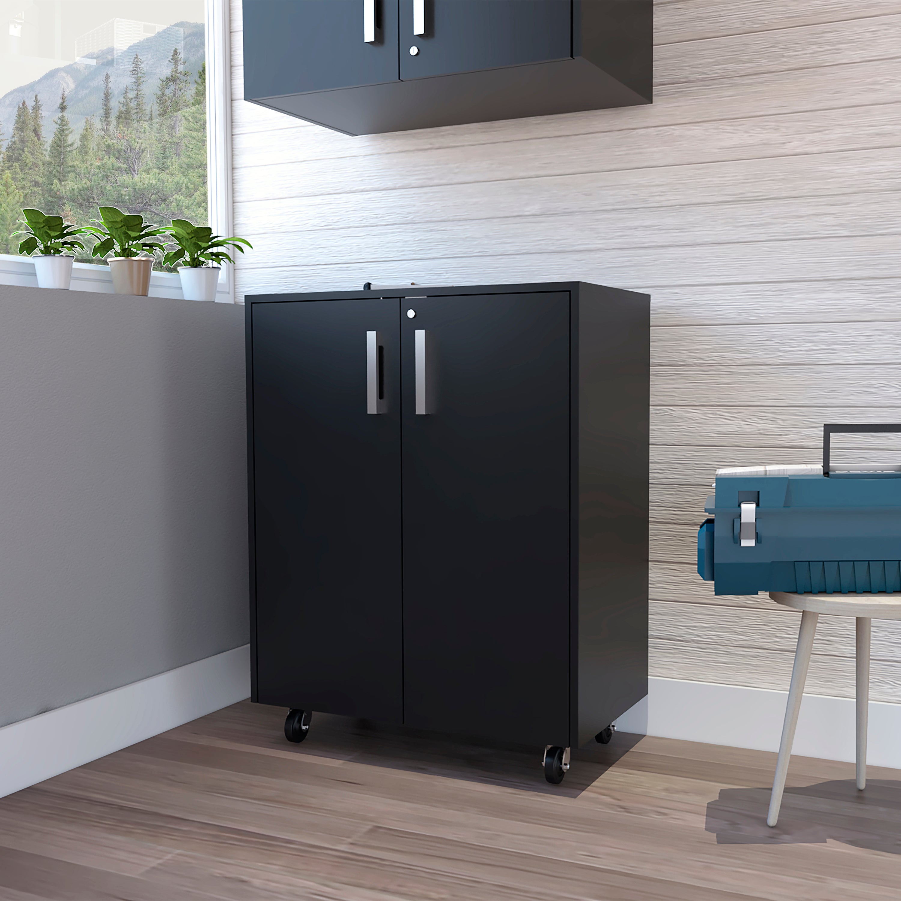Storage Cabinet, Casters, Double Door, Two Interior Shelves -Black | Premium Home Decor - Grand Goldman