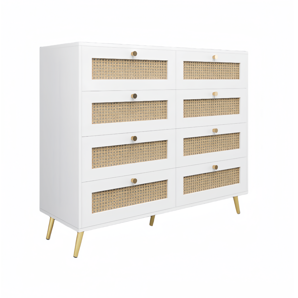 White Color 8 Drawers Chest of Drawers with Rattan Drawer Face Golden Legs and Handles - Grand Goldman Shop