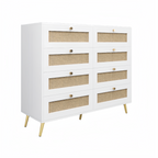 White Color 8 Drawers Chest of Drawers with Rattan Drawer Face Golden Legs and Handles - Grand Goldman Shop