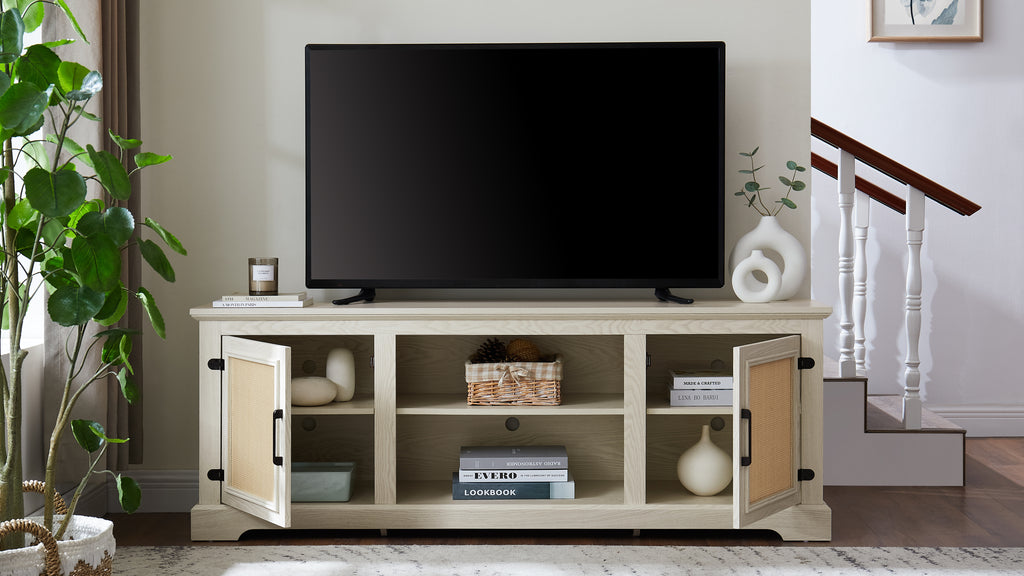Farmhouse Rattan TV Stand Console Table for TVs up to 70 Inches, TV Console Table with 2 Storage Shelves, 2 Natural Rattan Door Cabinets,65'W*15.55'D*23.86'H, White - Grand Goldman Shop