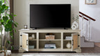 Farmhouse Rattan TV Stand Console Table for TVs up to 70 Inches, TV Console Table with 2 Storage Shelves, 2 Natural Rattan Door Cabinets,65'W*15.55'D*23.86'H, White - Grand Goldman Shop