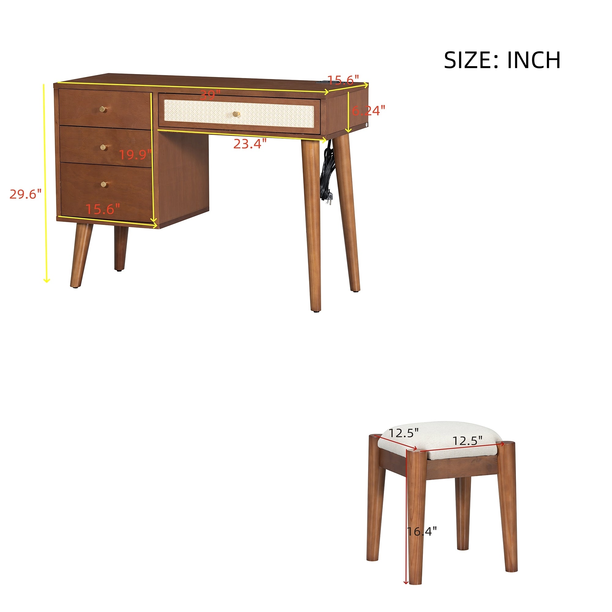 39' Retro Bohemian Style Wooden Makeup Vanity Set with Charging Plug&USB Port and Stool, Dressing Table with 3 Storage Drawers and 1 Rectangular Rattan Drawer, Walnut - Grand Goldman Shop