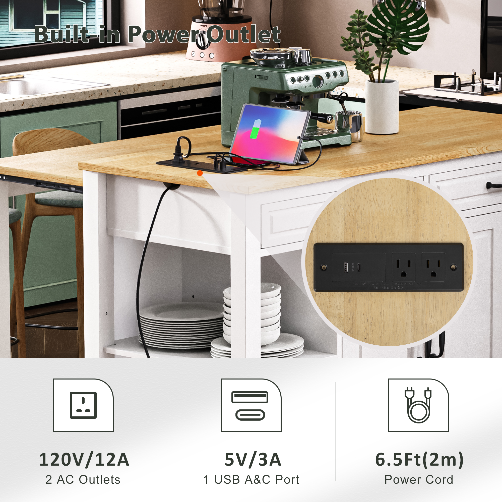 K&K 47 inch Kitchen Island with Extendable Dining Table, Rubber Wood Veneer Kitchen Table with Internal Storage Rack, Power Outlet, Kitchen island with Storage 2 Drawers 2 Cabinet,White - Grand Goldman Shop