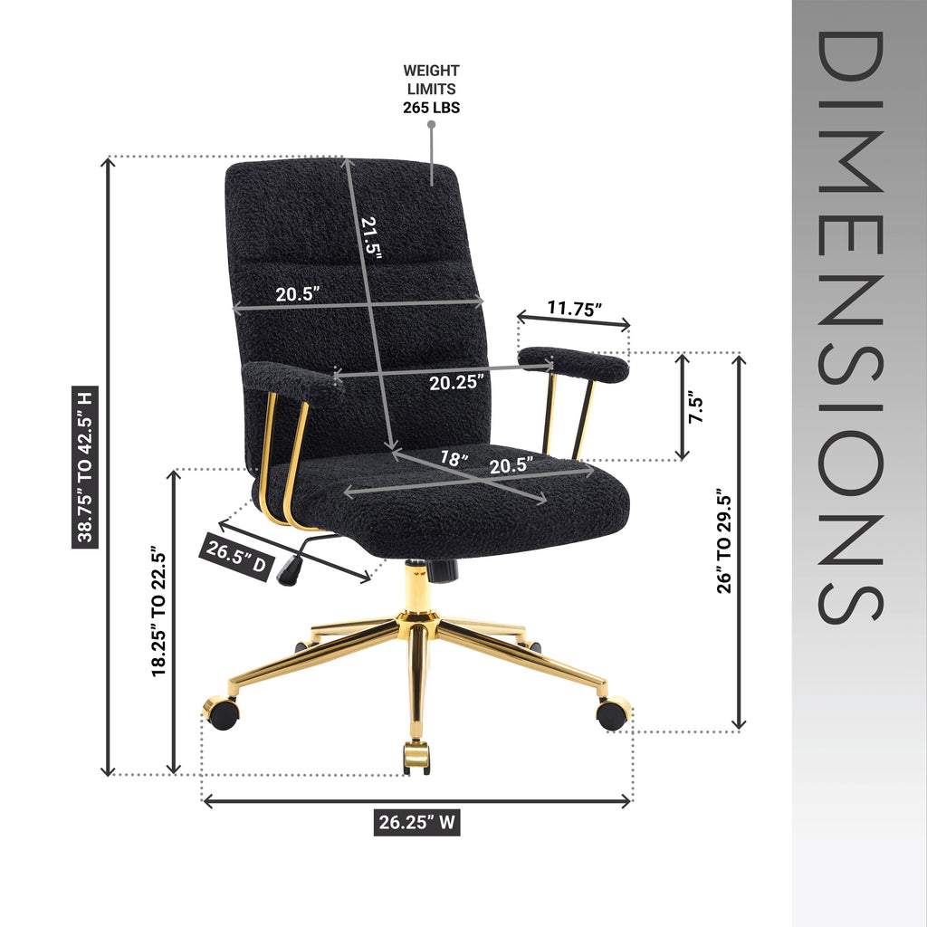 Textured Boucle Fabric Black and Gold Office Chair, Modern Height Adjustable Desk Chair with Padded Arms | Premium Home Decor