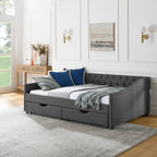Mid-Century Style Upholstered Daybed with Drawers, Dark Grey Linen Fabric, Button Tufted Back, Copper Nail Trimmed Waved Arms, 80.5''x55.5''x27.5'' - Grand Goldman Shop