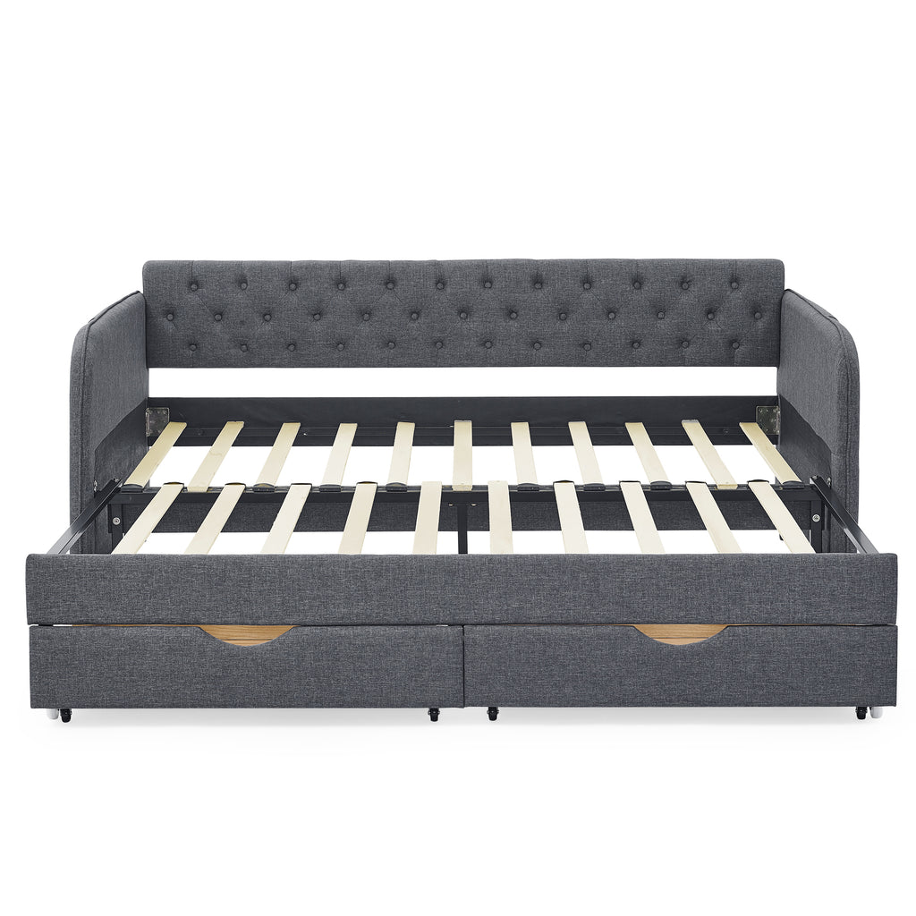 Twin Size Upholstered Daybed with Trundle and Drawers, Dark Gray Linen, Flat Arms, Extendable for Bedroom or Living Room - Grand Goldman Shop