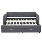 Twin Size Upholstered Daybed with Trundle and Drawers, Dark Gray Linen, Flat Arms, Extendable for Bedroom or Living Room - Grand Goldman Shop