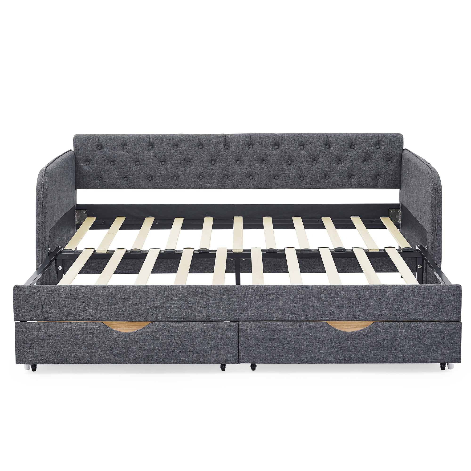 Twin Size Upholstered Daybed with Trundle and Drawers, Dark Gray Linen, Flat Arms, Extendable for Bedroom or Living Room - Grand Goldman Shop