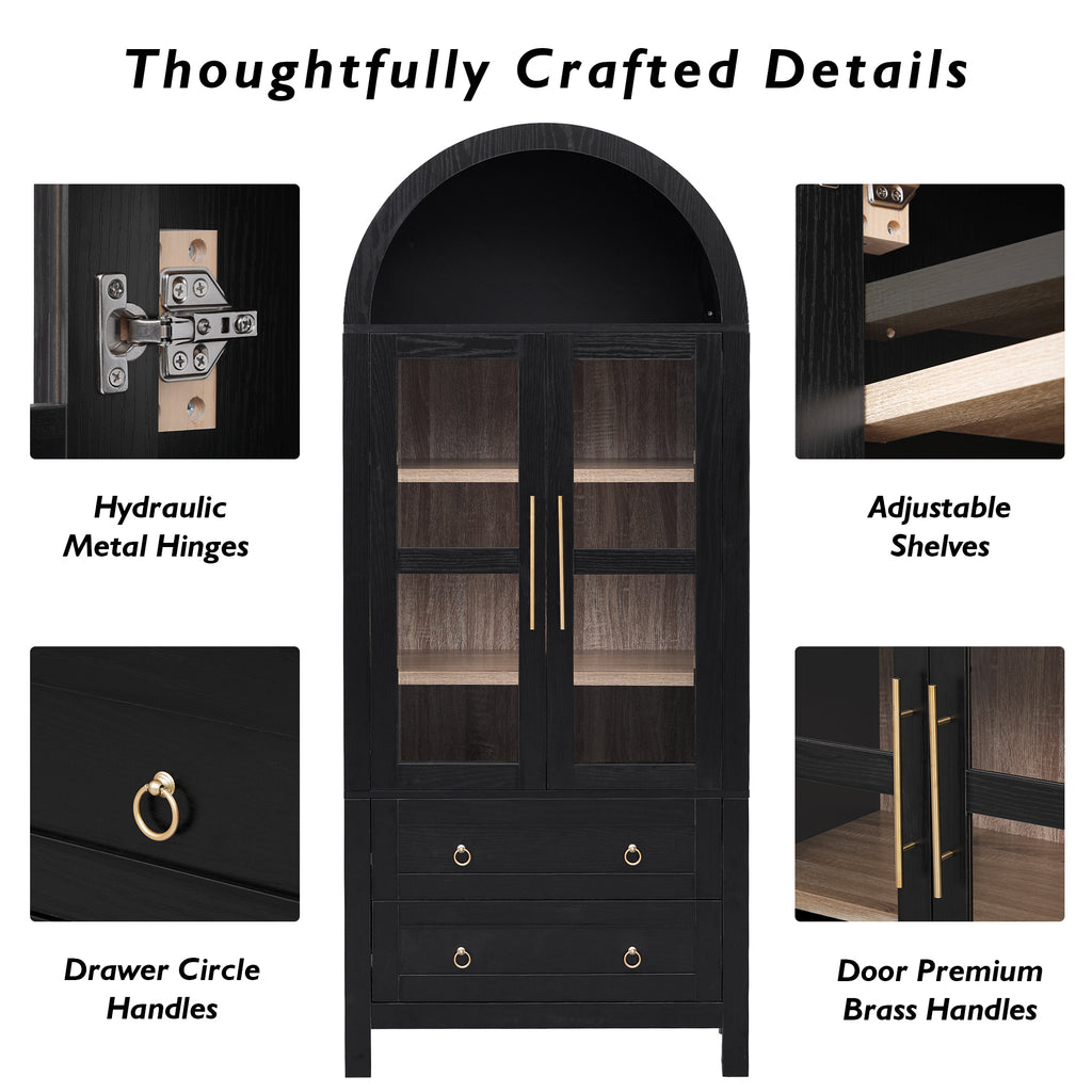 K&K 71' Tall Arched Kitchen Pantry Cabinet with 2 Large Drawers, Modern Farmhouse Kitchen Storage Cabinets with Adjustable Shelves, Glass Door, Wood Versatile Cupboard for Kitchens, Dining Room, Black - Grand Goldman Shop