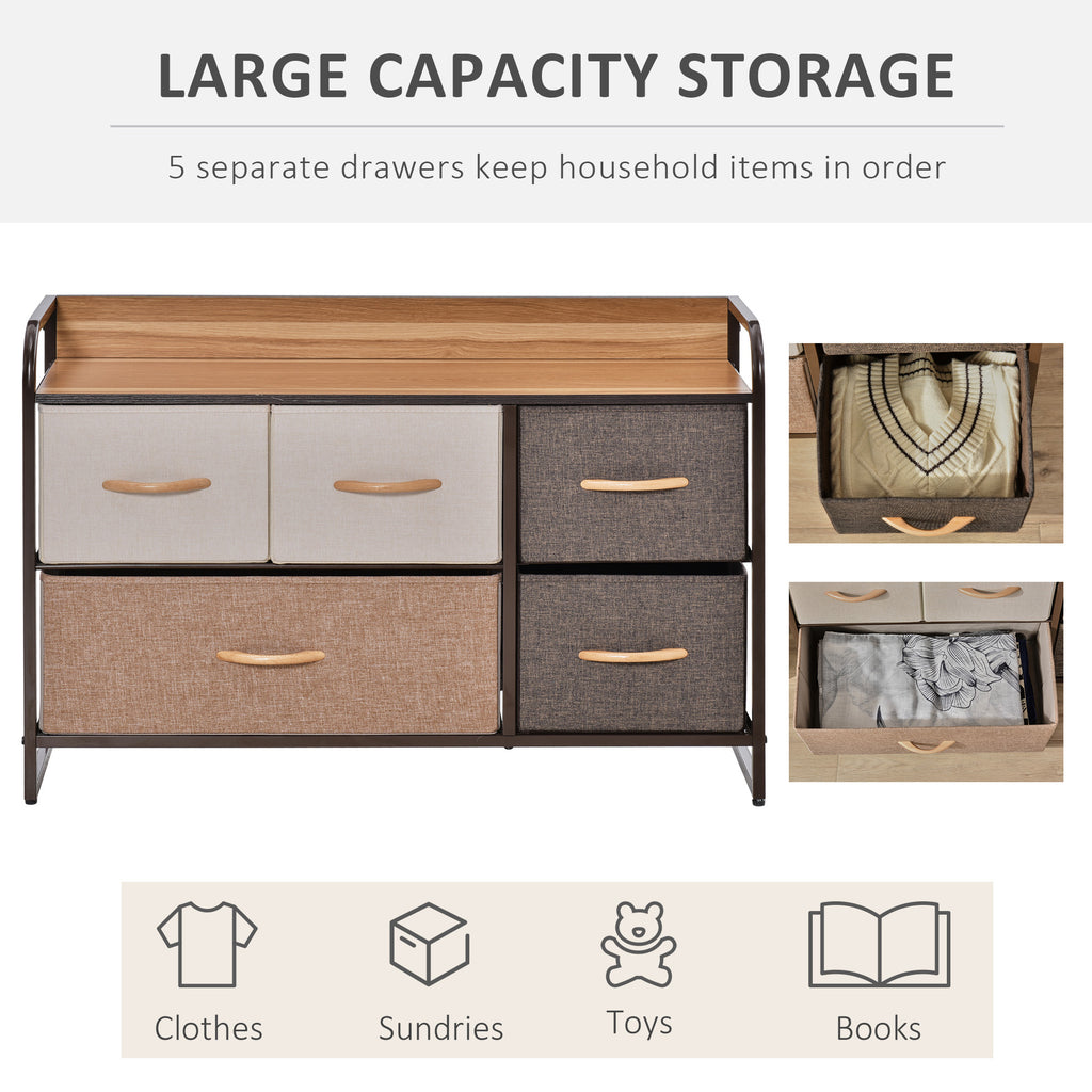 HOMCOM 5-Drawer Dresser, Fabric Chest of Drawers, 2-Tier Storage Organizer for Bedroom Entryway, Tower Unit with Steel Frame Wooden Top, Maple Wood - Grand Goldman Shop