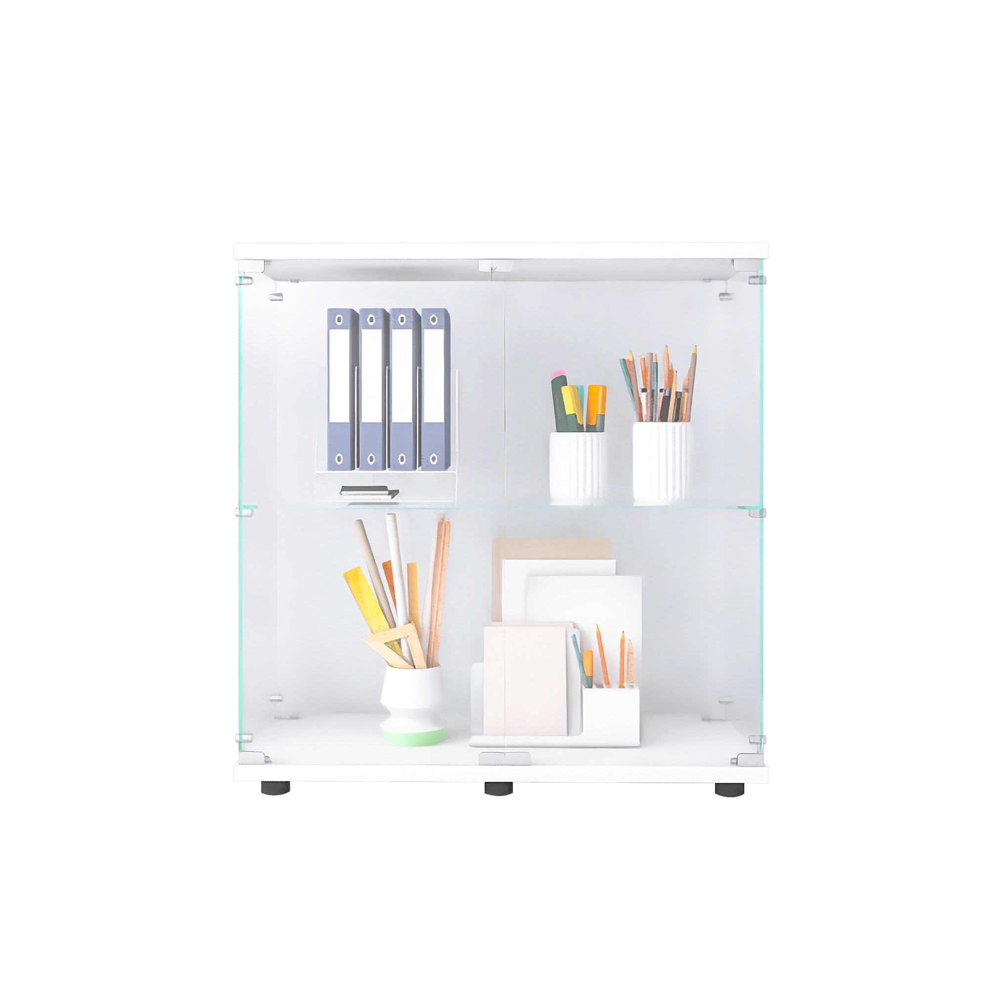 Two-door Glass Display Cabinet 2 Shelves with Door, Floor Standing Curio Bookshelf for Living Room Bedroom Office, 33.35'*31.