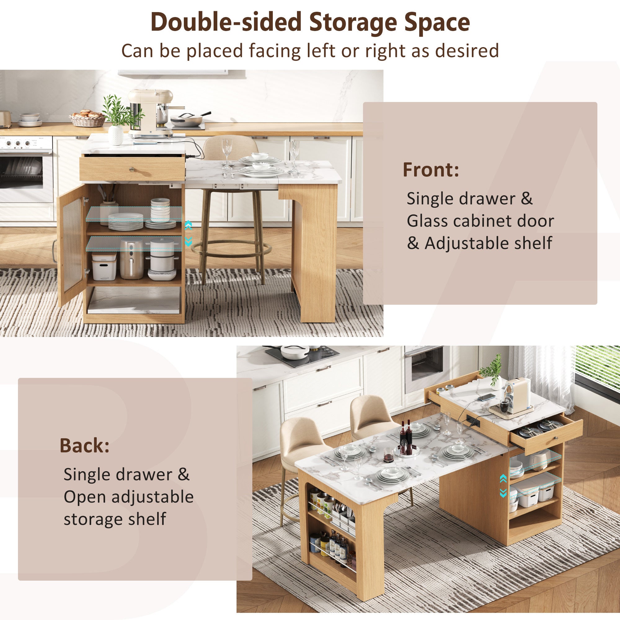 K&K 59.5'Kitchen Island with Extendable Dining Table, Kitchen Storage Table with Double-sided Storage, Kitchen Island with 2 Drawers, Power Outlet, Side Open Shelves, for Kitchen, Dining Room, Natural - Grand Goldman Shop