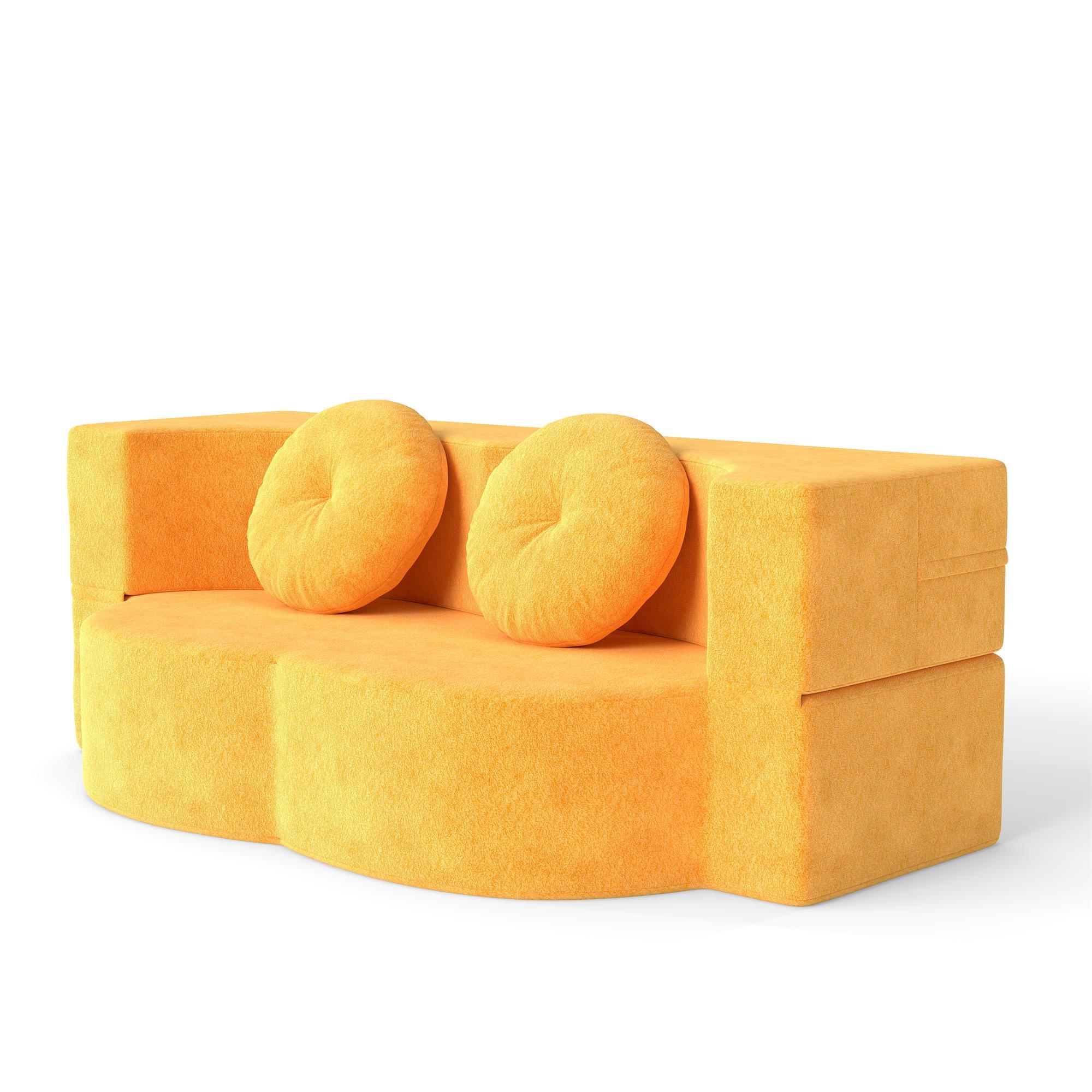Folding Sofa Bed with Pillow, Twin Sleeper Sofa, Floor & Futon Loveseat Couch, Foam Folding Mattress Sleeper for Living Room, Guest Use, Office, Apartment, No Assembly Required, Yellow - Grand Goldman Shop
