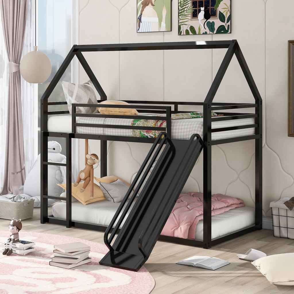 Zulah Twin over Twin House Bunk Bed with Ladder and Slide, Black - Grand Goldman Shop