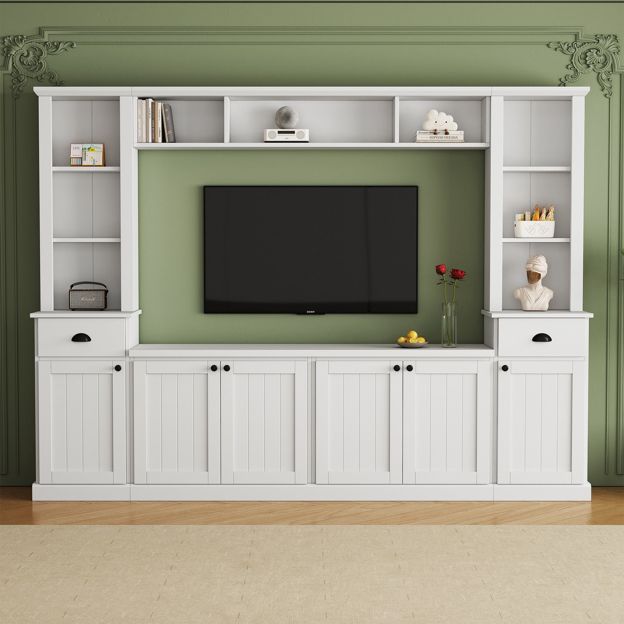 Minimalist Entertainment Wall Unit Set with Bridge for TVs Up to 75'', Ample Storage Space TV Stand with Adjustable Shelves, Modernist Large Media Console for Living Room, White - Grand Goldman Shop
