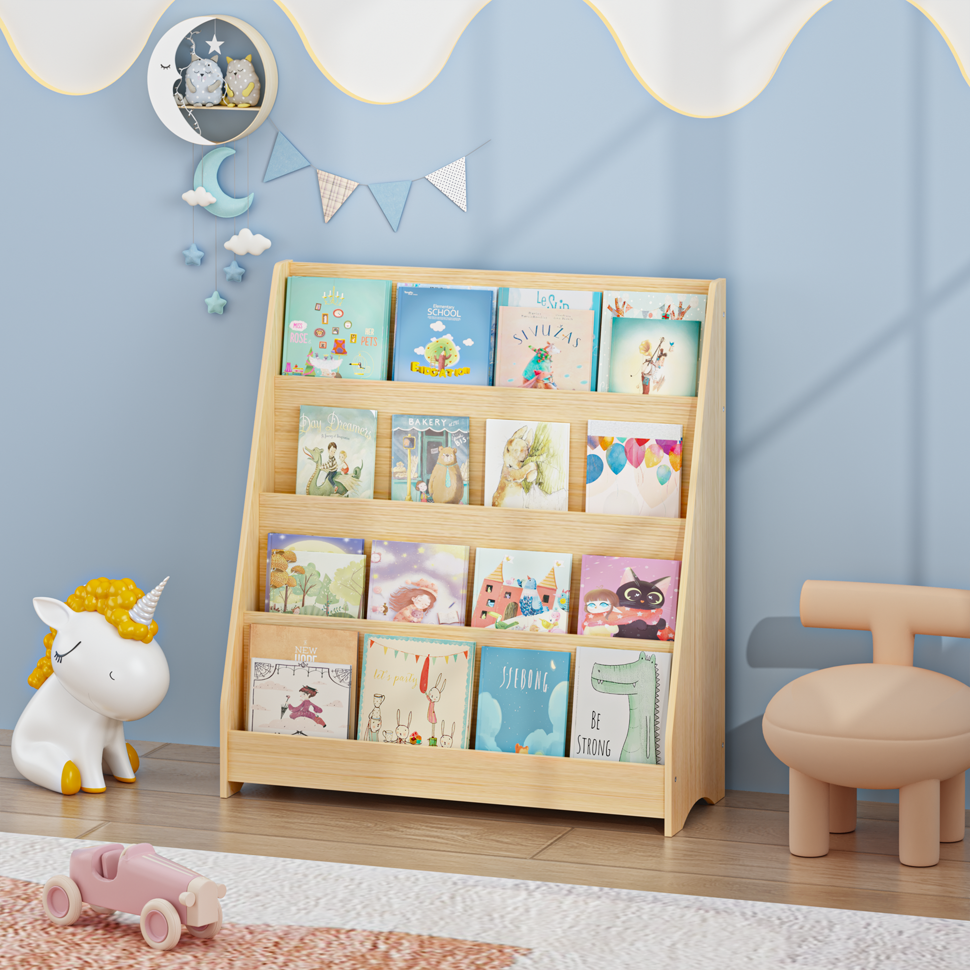 4-Tier Kids Bookshelf, Toddler Book Display Shelves, Natural Finish, Engineered Wood, 31.5 x 11.8 x 34.65 inches | Premium Ho