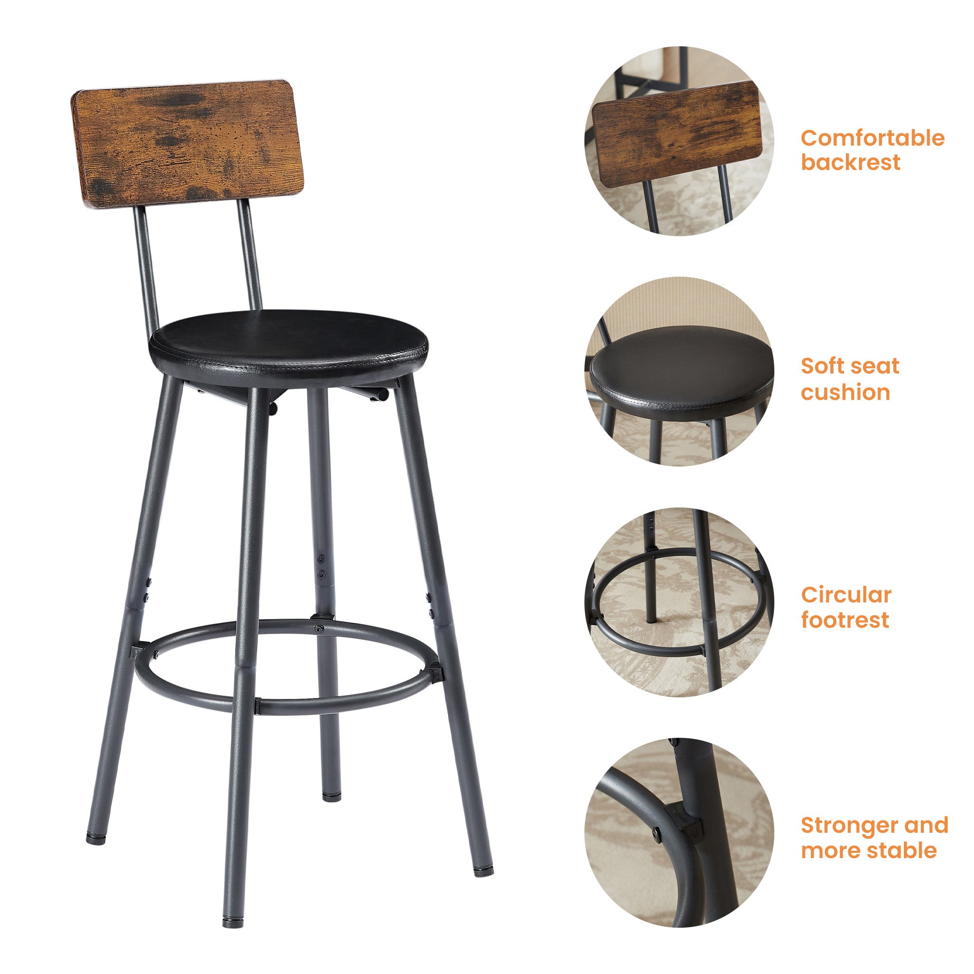 Long Bar Table Set with 3 PU Upholstered Bar Stools, Industrial Bar Table and Chairs for Kitchen Breakfast Table, Living Room, Banquet Hall, Rustic Brown and Black, 63″L x15.7'W x 37.5'H - Grand Goldman Shop