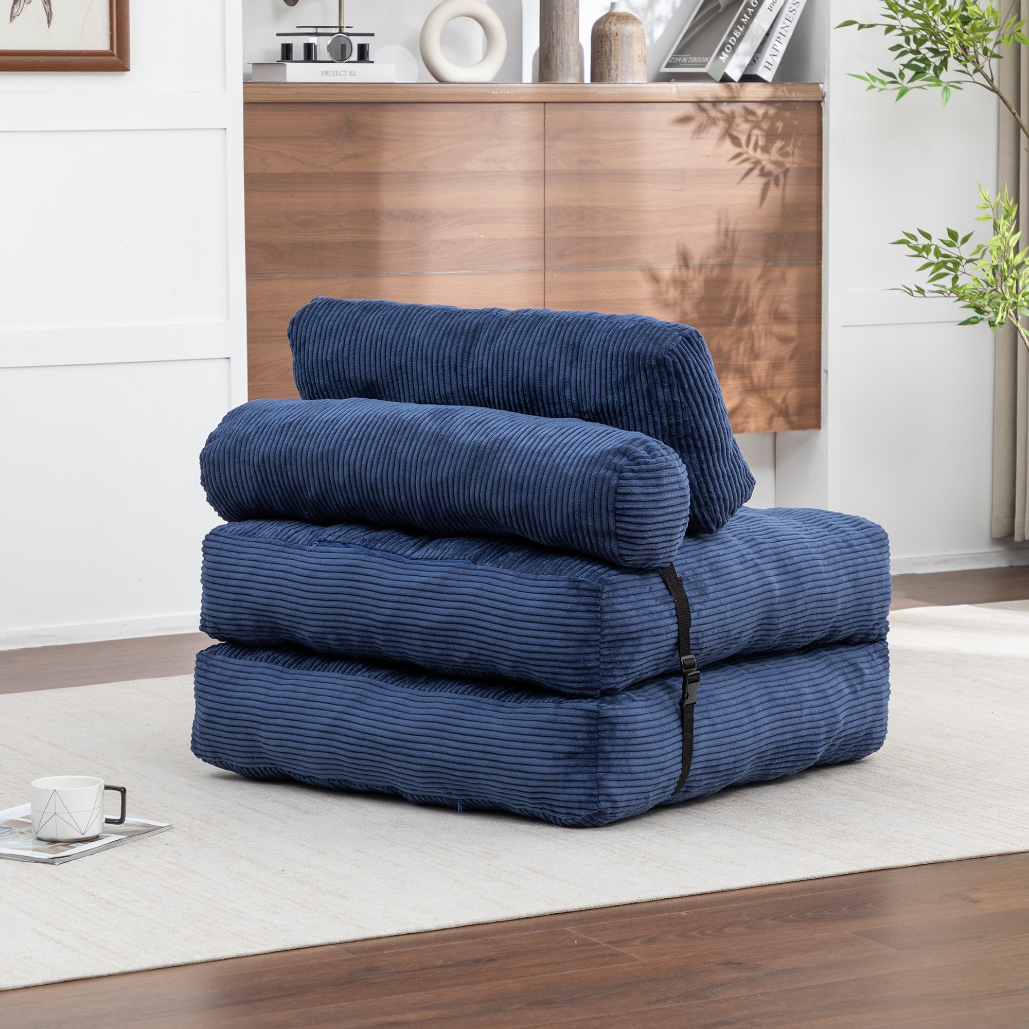 Folding Sofa Bed, Convertible Sleeper Chair with Pillow Foldable Mattress with Back Support, Portable Fold Out Chair Bed Comfy Floor Sofa Lounge for Living Room Bedroom, Dark Blue, Single - Grand Goldman Shop