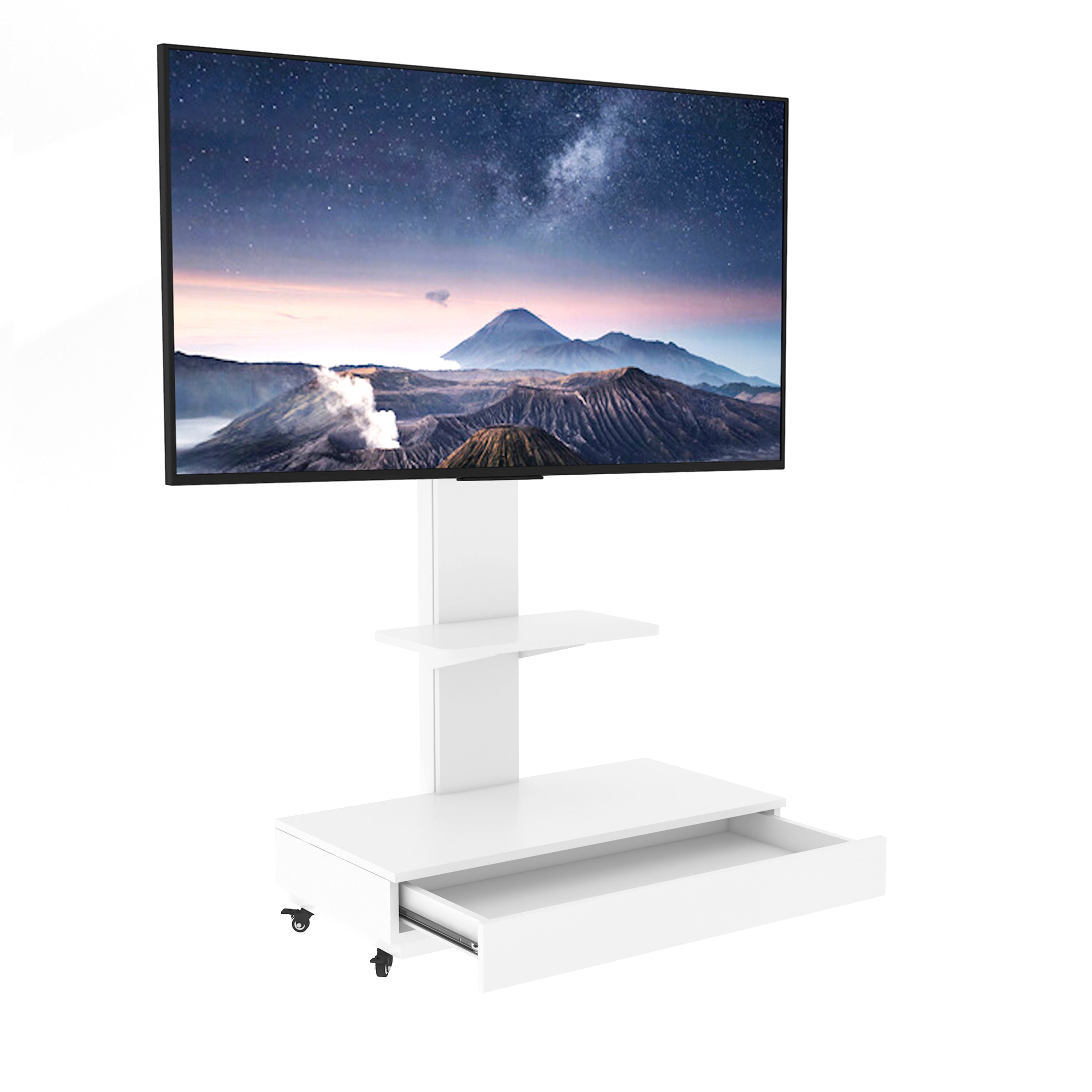 Versatile TV Stand with Push-Pull Drawer, Adjustable Height, Mobile Cart with Wheels, White MDF & Metal, 32-75 Inches - Grand Goldman Shop