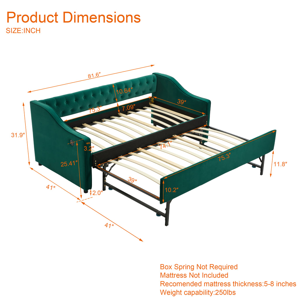 Twin Size Upholstered Daybed with Trundle,USB Port ,Side Pockets,Velvet Daybed with Button on Back and Piping on Waved Shape Arms for Bedroom Guest Room - Grand Goldman Shop