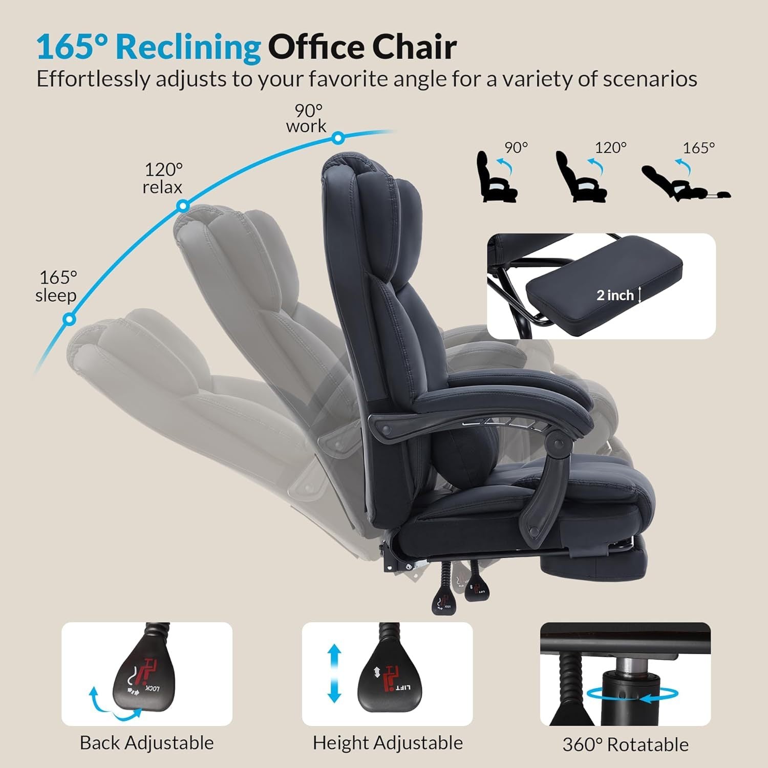 Office Chair with Foot Rest, Executive Office Chair with Arms, Reclining Computer Chair with Wheels and Lumbar Support, PU Le