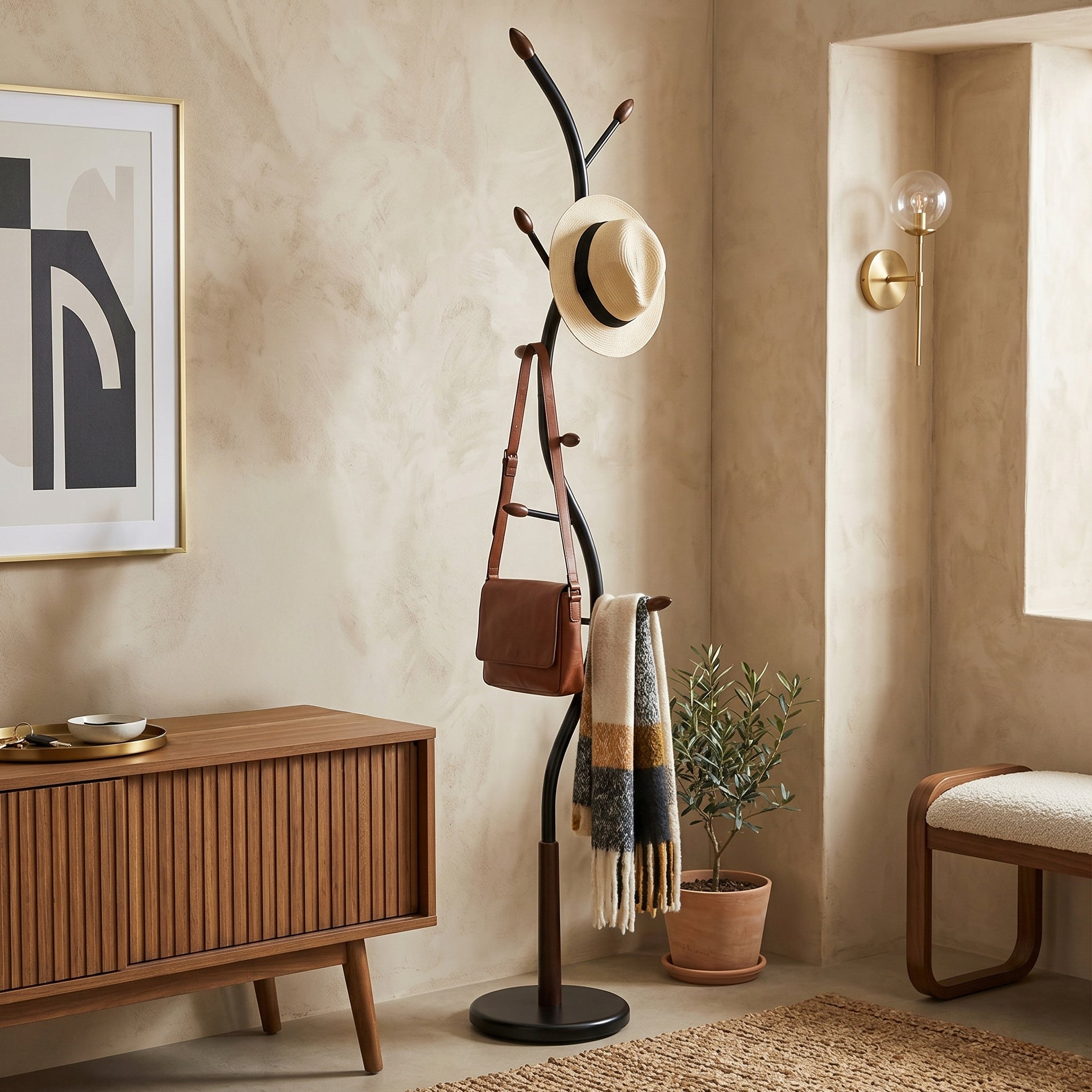 Arles Metal Black and Walnut Standing Coat Rack - Grand Goldman Shop